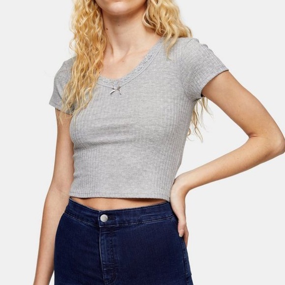 Top shop Grey lace cropped top - Picture 1 of 2